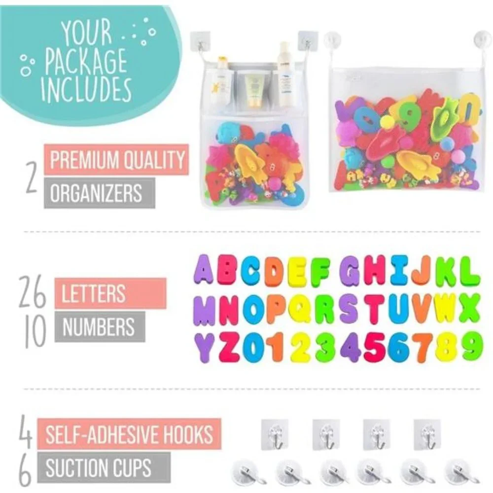 2 x Mesh Bath Toy Organizer + 6 Ultra Strong Hooks + 36 Bath Letters & Numbers